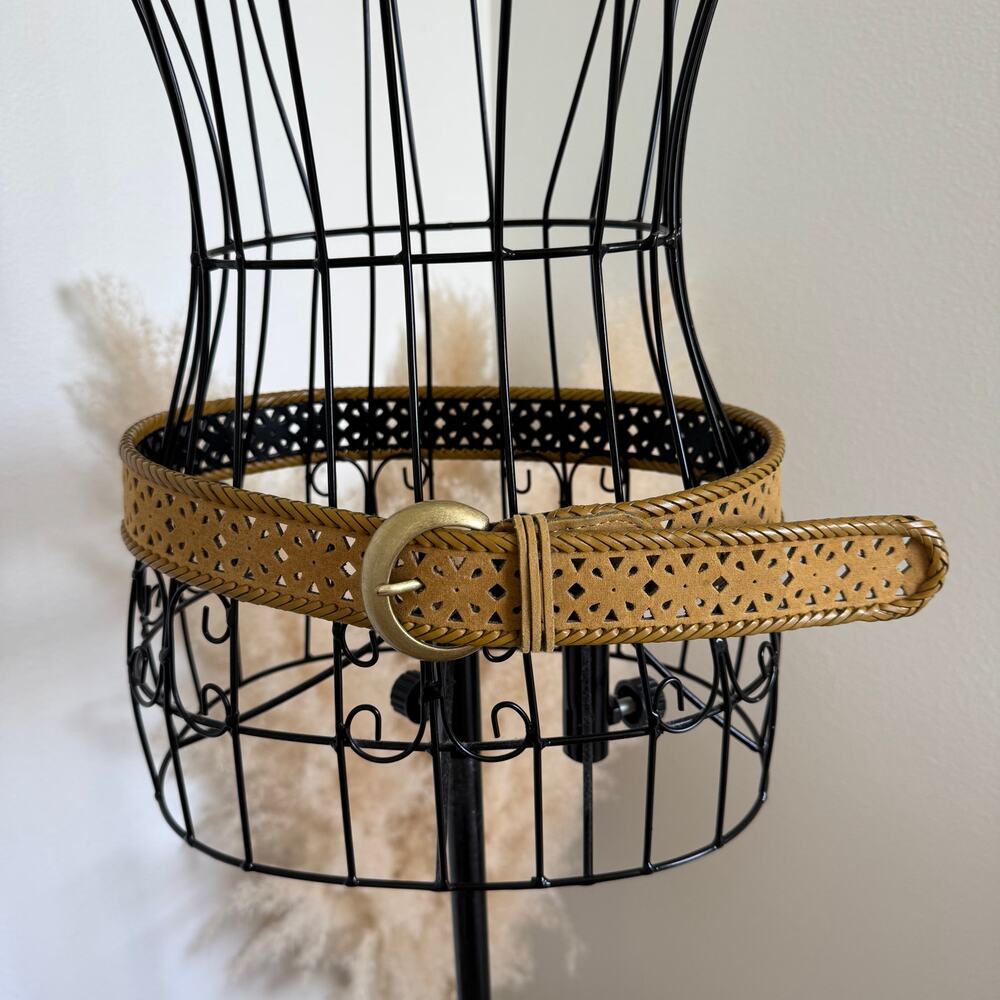 Boho Golden Yellow Leather Laser-Cut Perforated Belt- Western